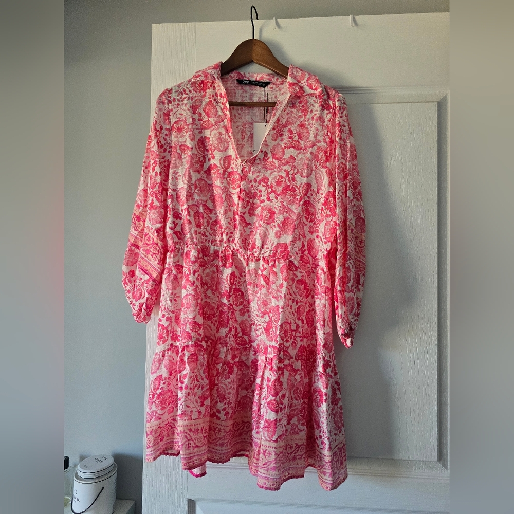 Zara Pink Patterned Long Sleeve Dress
